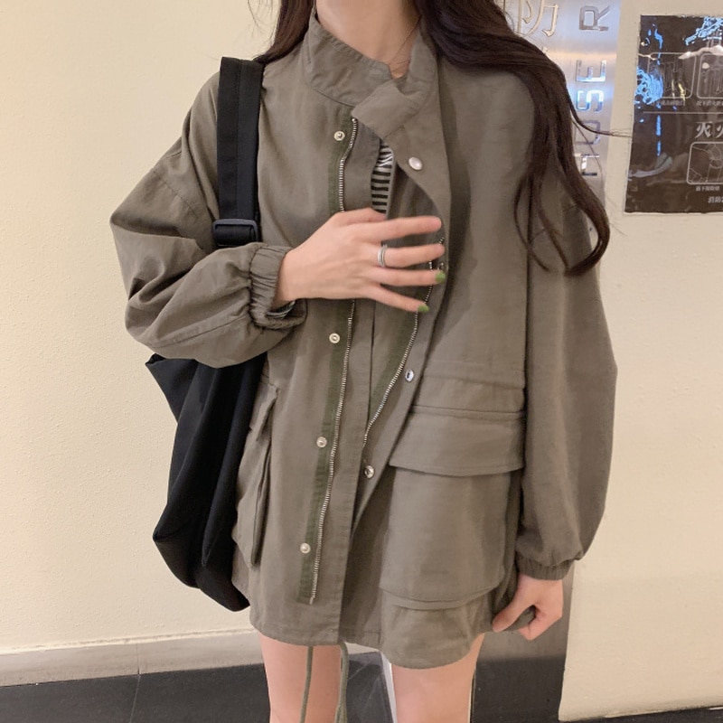 Jackor dam solid dragkedja enkla kappor dam plus storlek 2xl lös bf harajuku ins safari stil oversize high street all-match