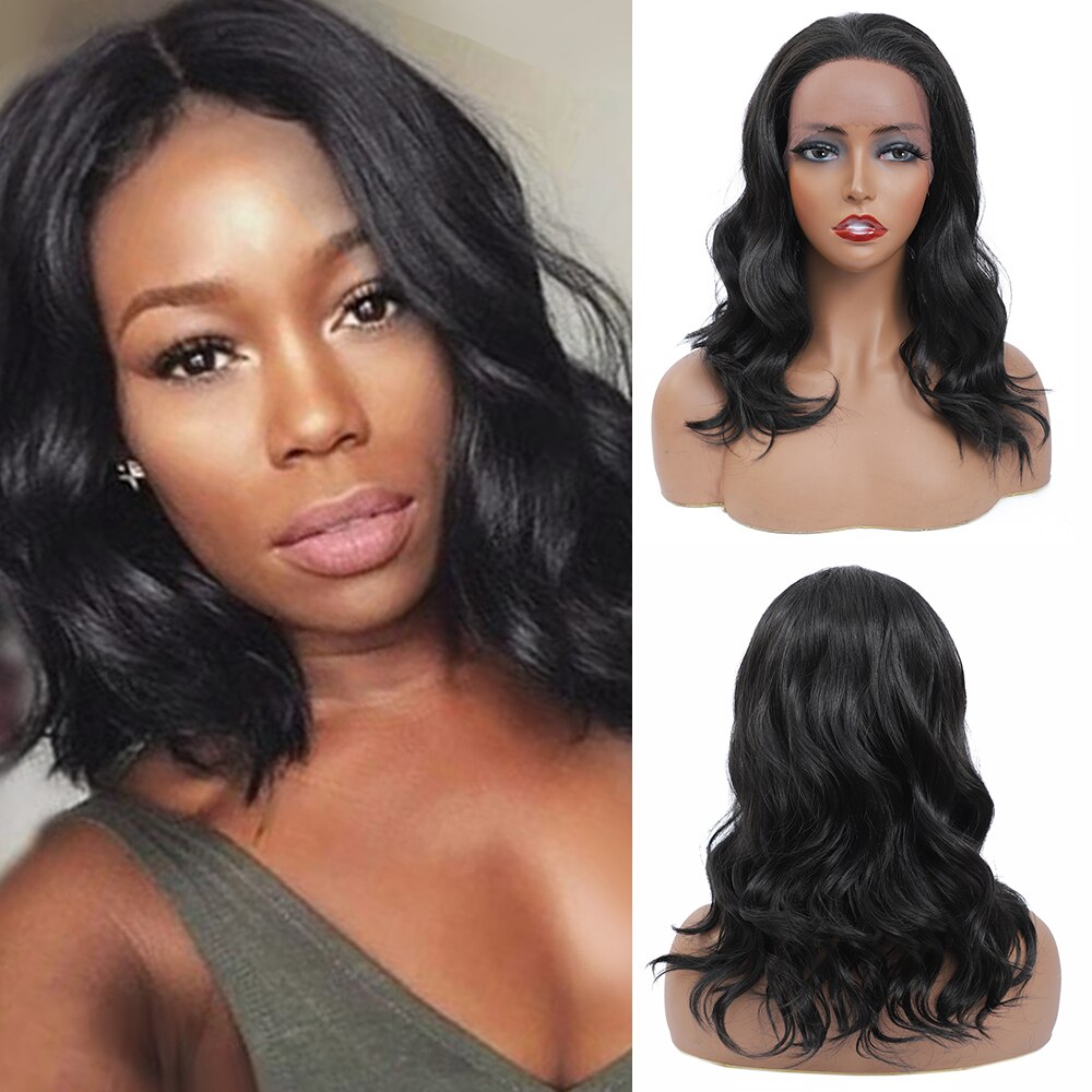 X-TRESS Dark Brown Lace Front Wig Medium Length Synthetic Wavy Wigs for Black Women Free Part Lace Wigs with Natural Hairline: #1B