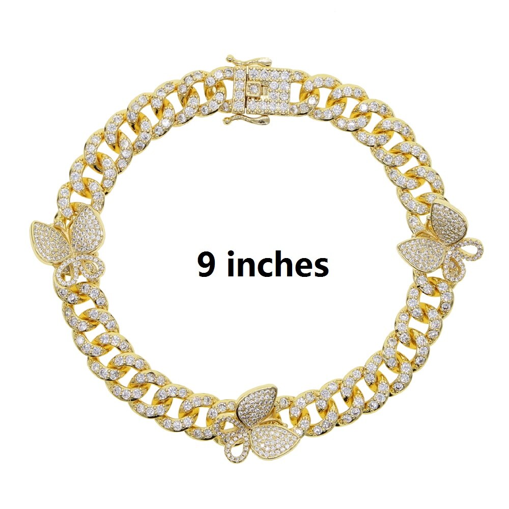 sommer neue Tennis Rosa Fußkettchen Kette Schmuck charmant kubanisch Verknüpfung Strass Mini cz gepflasterte Schmetterling Fußkettchen: Gold 23cm