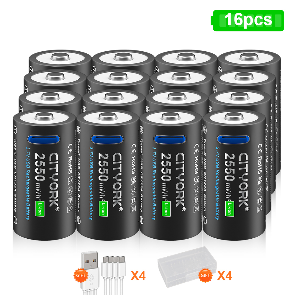 CITYORK CR123A Bateria 2550mWh 3.7V Akumulator Li-ion 16340 Do Latarki LED 16350 RCR123 Bateria + Kabel USB Type-c: green