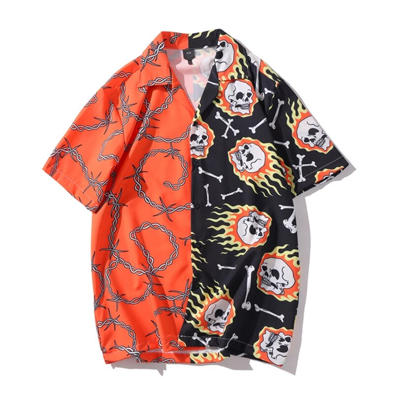 Kranium kædetrykte skjorter mænd sommer kortærmet hawaiian strand løse afslappede skjorter hip hop streetwear koreanske harajuku skjorter: Orange / Asiatisk størrelse xxl