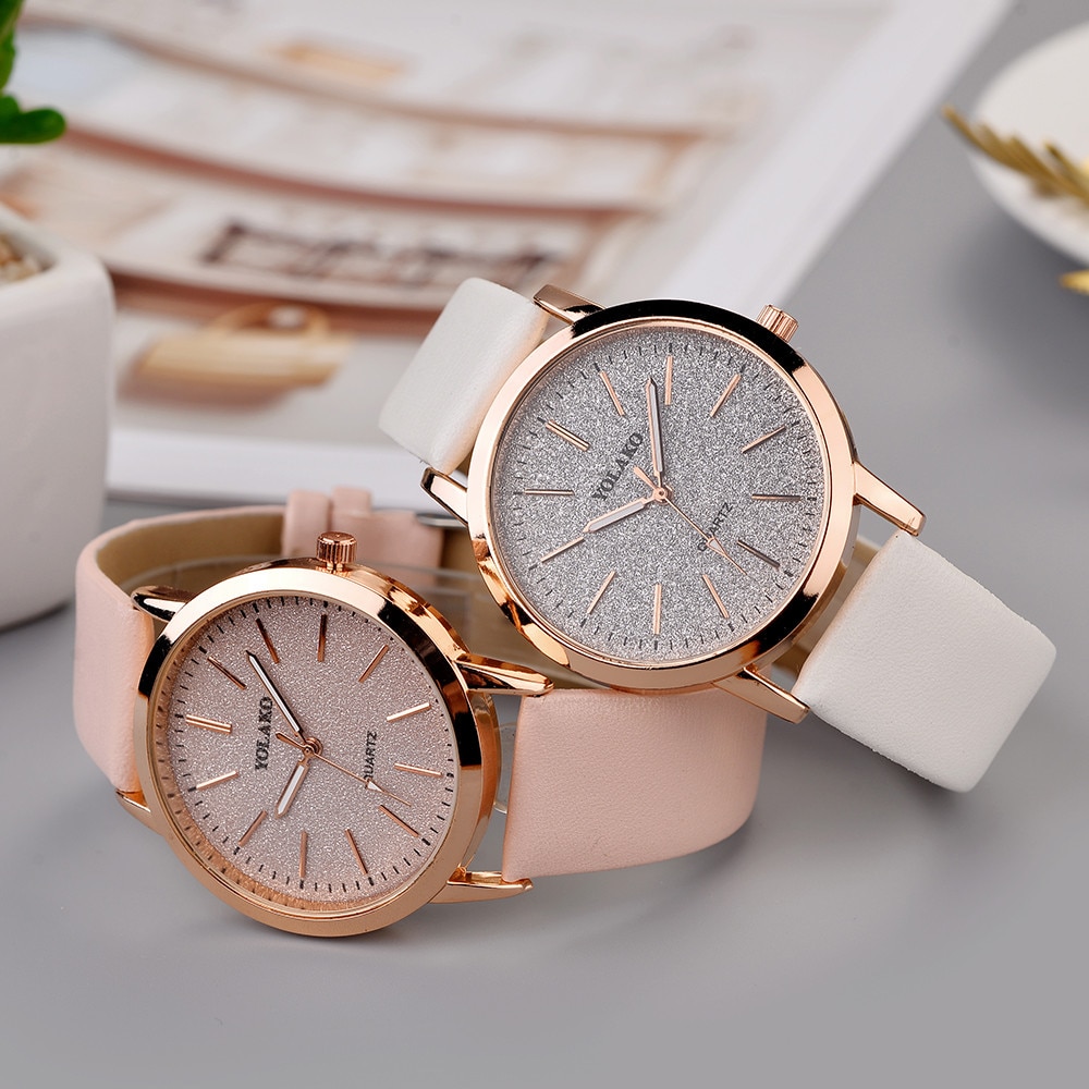 Yolako luksus dameklokker skinnbånd rundt enkel kvarts analog armbåndsur star dial casual kvinnelig klokke  xb40