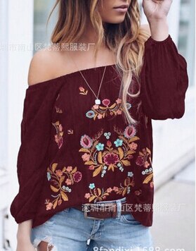 US Plus Size Women Casual T-shirt Flower Top Long Sleeve Off Shoulder Tee Blouse: L / B