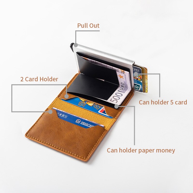 Mannen Metalen Kaarthouder RFID Aluminium Credit Kaarthouder PU Leather Wallet Antitheft Mannen Automatische Pop Up RFID portemonnee