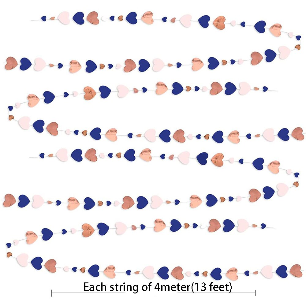 13Ft Navy Blue Pink Rose Gold Wedding Decor Love Heart Garland Hanging Streamer for Royal Engagement Bridal Shower Anniversary