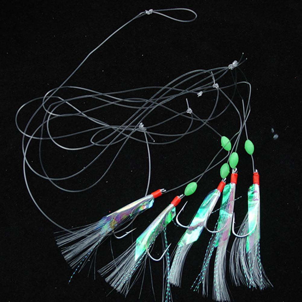 5 unids/set de acero al carbono caballa plumas bajo bacalao atraer la pesca en el mar de pesca luminosa gancho triple pesca con cebo de alambre