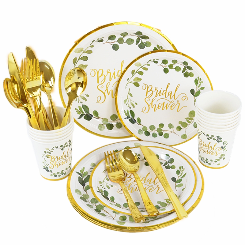 Bruids Douche Dispodable Servies Goud Groene Bladeren Papieren Borden Cups Bruiloft Vrijgezellenfeest Thuis Tafel Decoratie Benodigdheden