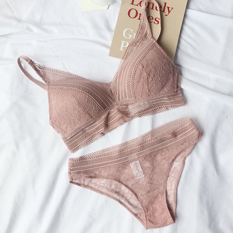 Neue Frauen 4 Farbe Unterwäsche Französisch Draht-Freies Ultra-dünne Bralette sexy Spitze Dreieck Tasse drücken-hoch Bh einstellen Baumwolle Bh und Höschen