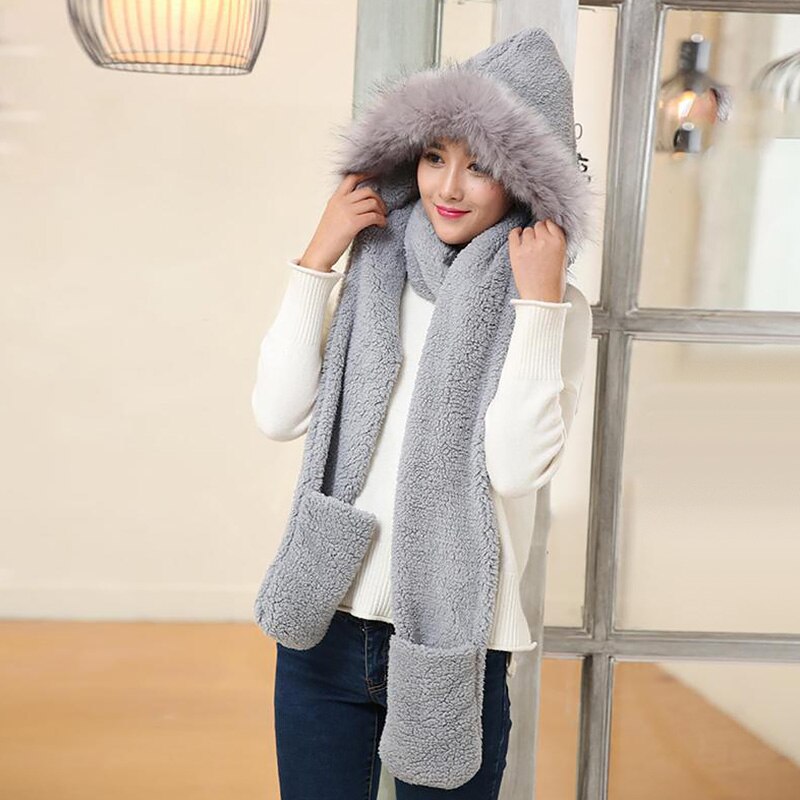 Dames meisjes muts sjaal handschoen driedelig trendy winddicht fietsen schattig pluche koraal fluweel warme capuchon sjaals handschoenen: Grijs