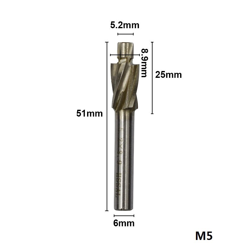 1pc M3.2-M16.5 HSS Counterbore End Mill CNC Machine Router Bit 4 Flutes Engraving Bit Counterbore Milling Cutter: M5.2