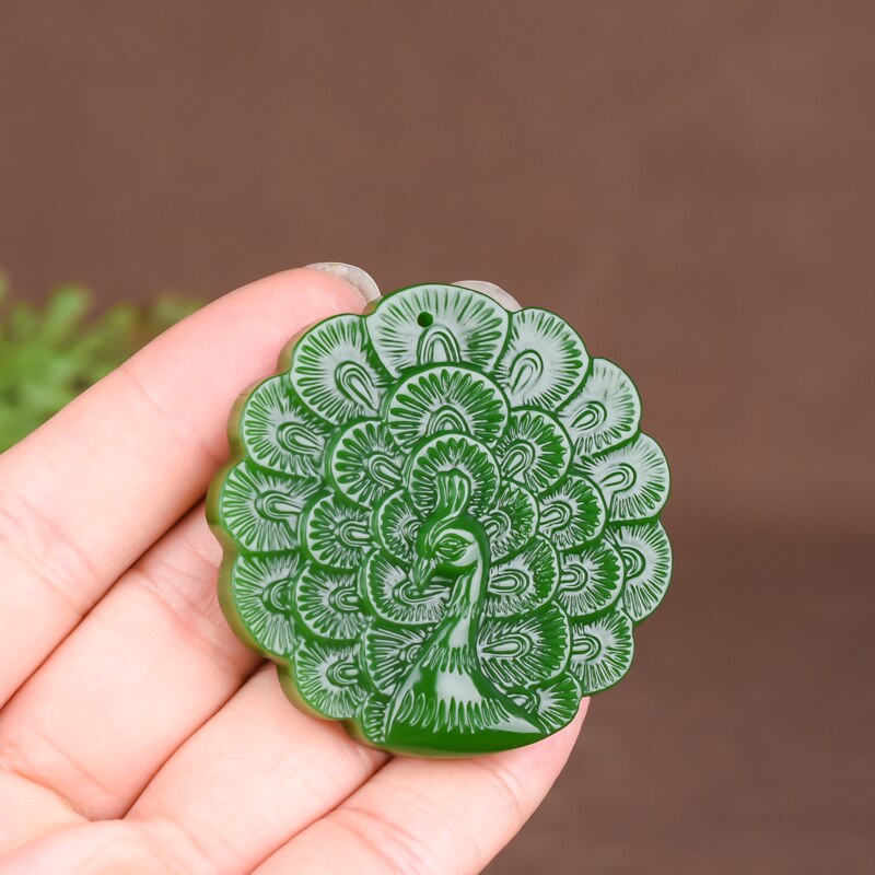 Natural Green Jade Peacock Pendant Necklace Hand-Carved Chinese Charm Jewelry Accessories Amulet for Men Women