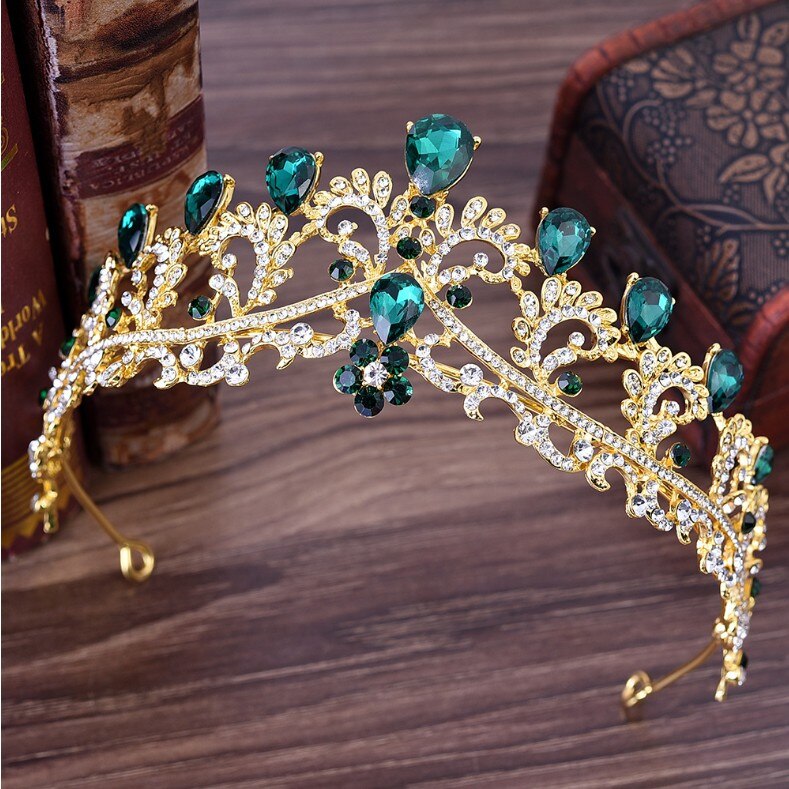 Women girls European Green Crystal Tiaras Vintage Rhinestone Pageant Crown Baroque Bridal Wedding Hair Jewelry Accessories