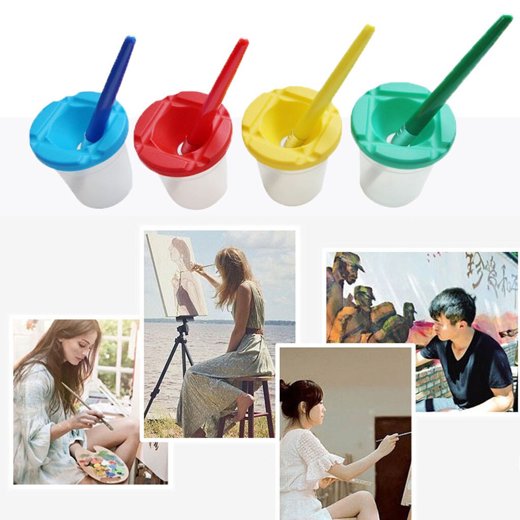 Spill Proof Paint Cups 4pcs Non Spill Paint Cup + 4pcs Paint Bristle Brush Assor