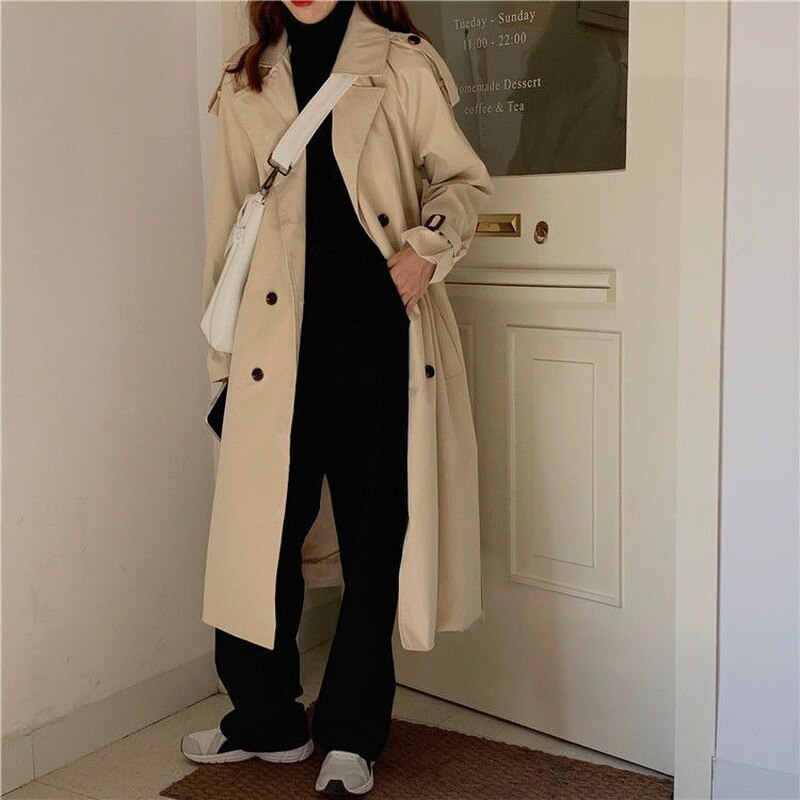 Trench kvinners høst solid dobbeltspent lang stil belte koreansk versjon løs leisre daglig streetwear kvinnelig klassisk kåpe