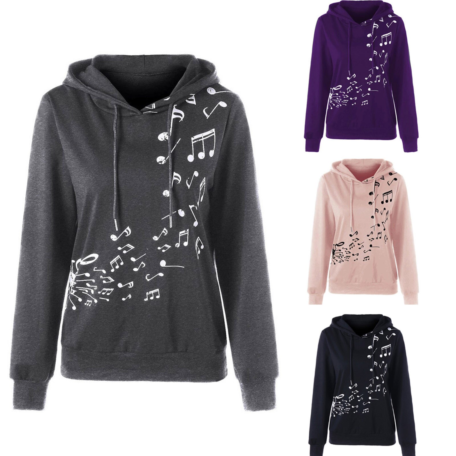 Women's Loose Hoodies Long Sleeve Sweatshirt Musical Note Printing Hoodie Pullover Winter Warm Sport Casual Sweater Tops