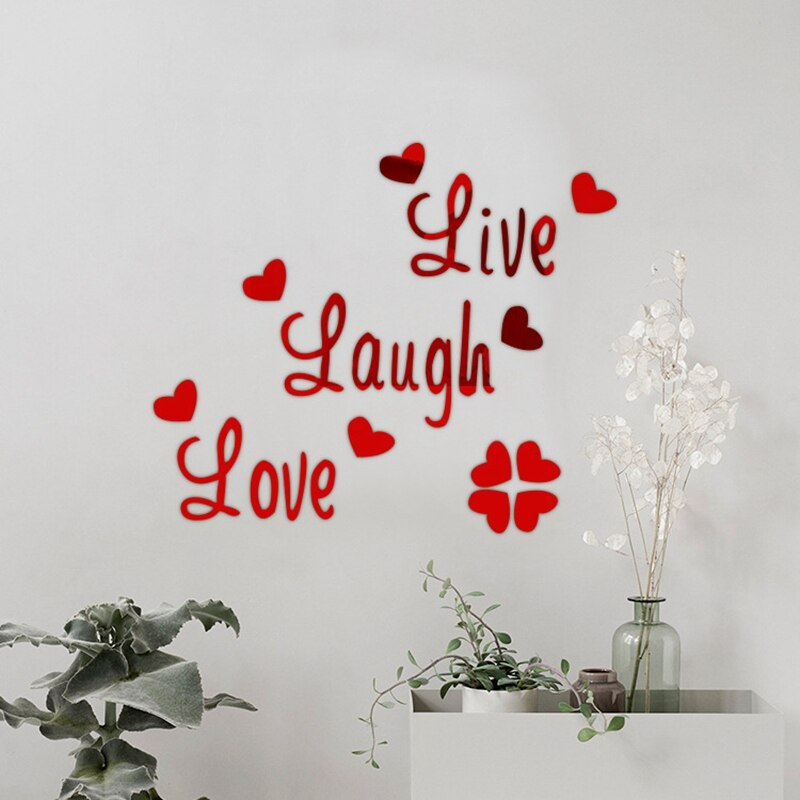 Aftagelig levende latter kærlighed spejl væg klistermærker breve og hjerte selvklæbende akryl tapet boligindretning kunst vægmaleri indretning: Rød