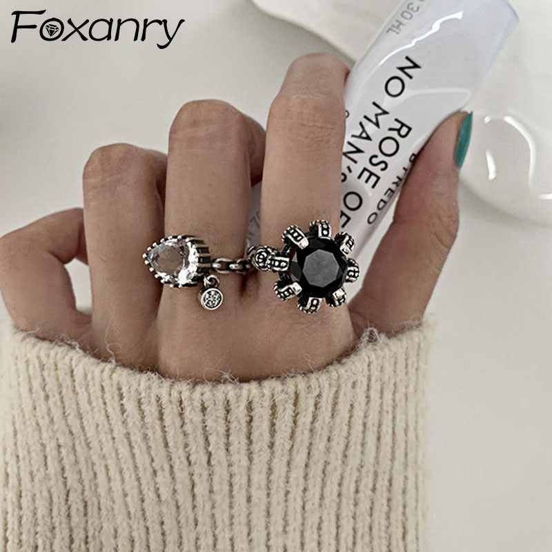 Foxanry 925 Sterling Zilver Liefde Engagement Ringen Mode Vintage Punk Water Geometrische Partij Sieraden Voor Vrouwen