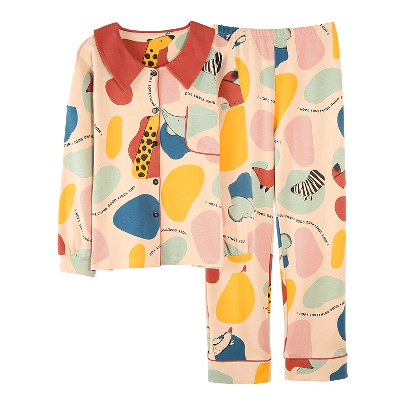 XIFER Spring Pajama Women Cartoon Printed Long Sleeve Pajamas Giraffe Cute Pajama Cardigan Knitted Cotton Ladies Female Homewear: XXXL