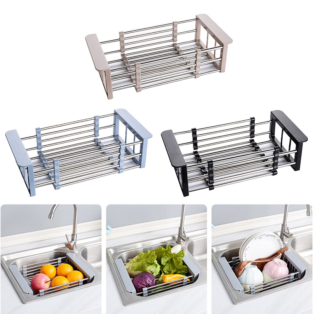 Retractable sink saucer drain basket stainless steel fruit tray drain device kitchen sink organizer dish rack