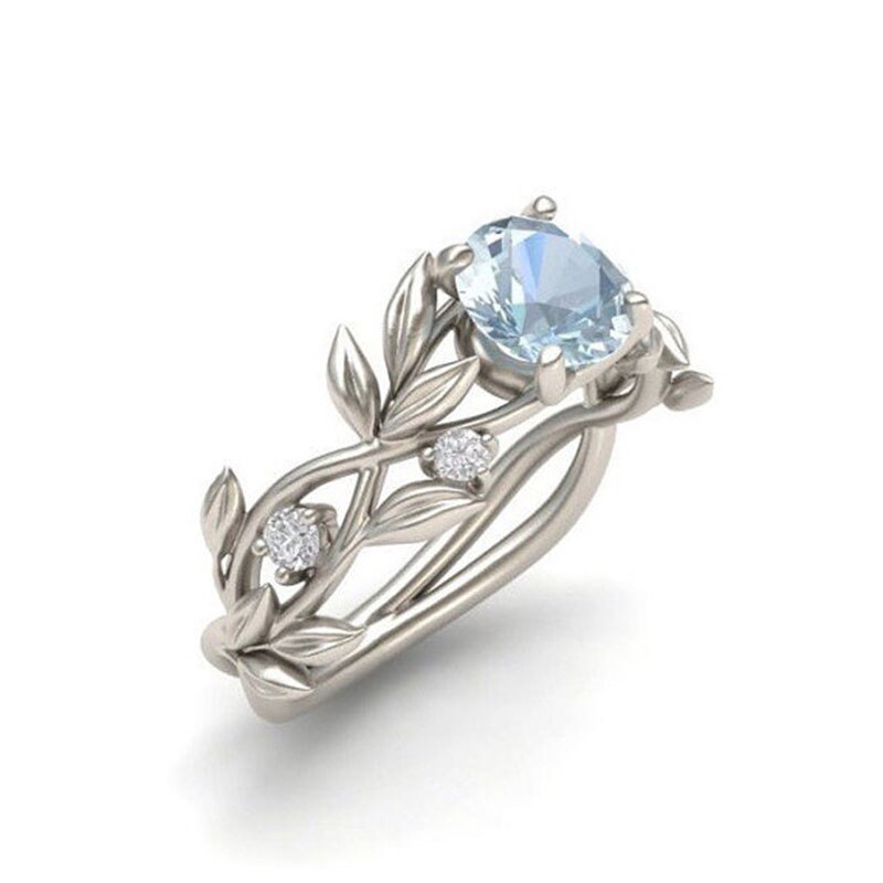 Bague branche de fleur en cristal, bleu, strass, pour femmes, filles, couleur argent, taille américaine 6 7 8 9 10 11