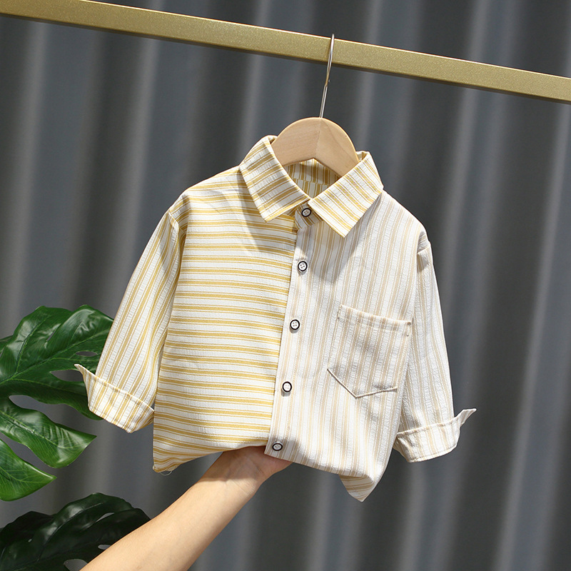 New Boys&#39; Shirt Spring and Autumn Children&#39;s Cotton Long Sleeved Shirt Comfortable Children&#39;s Clothes: faint yellow / 120 Height110-120cm