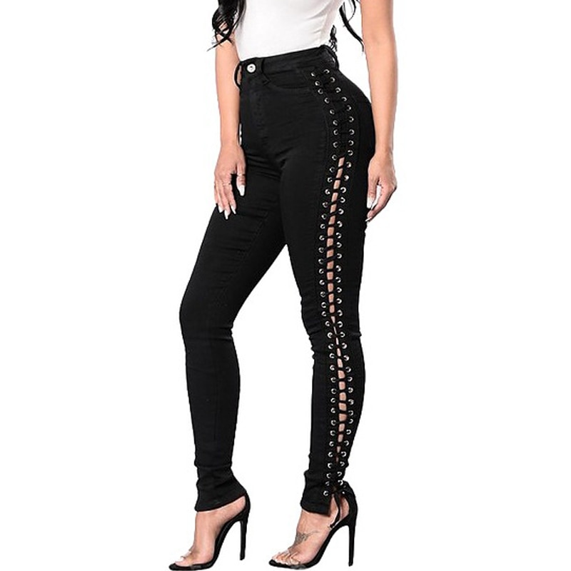 Arrived Plus Size Stretchy Ripped Jeans Woman Side Lace Up Denim Skinny Pencil Pants Trousers