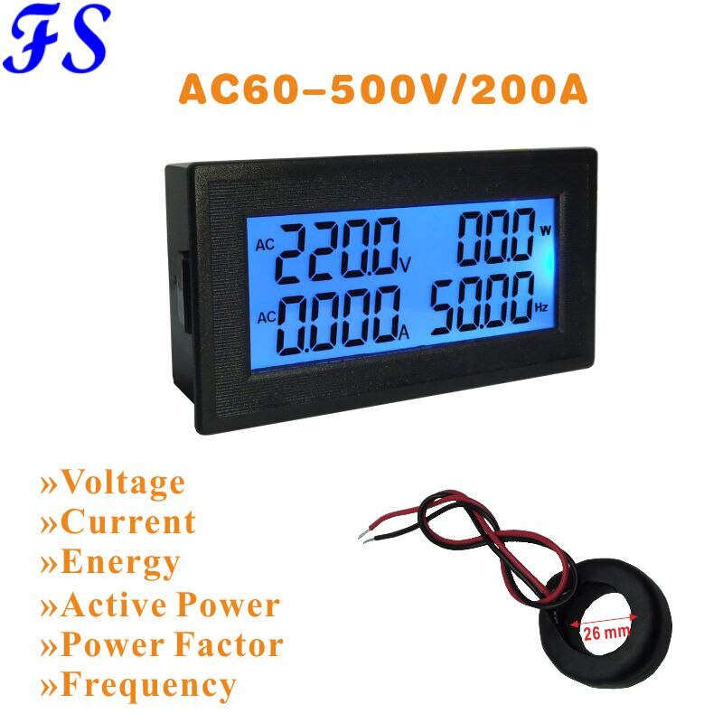 AC 200A Volt Amp Panel Meter LCD Digital Voltmeter Ammeter AC Voltage Current Meter Frequency Energy Hz Meter AC 60-500V 380V