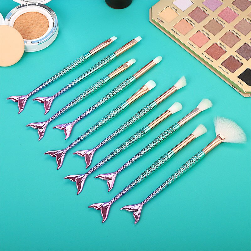 Juego de brochas de maquillaje de aspecto de sirena para mujer, herramientas de maquillaje facial, belleza , sombra de ojos, base, colorete, 10 Uds.