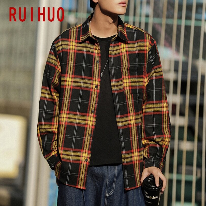 Ruihuo Casual Plaid Shirts Voor Mannen Kleding Streetwear Mannen Shirt Zwart Button Up Met Lange Mouwen Plaid Shirt Mannen m-2XL