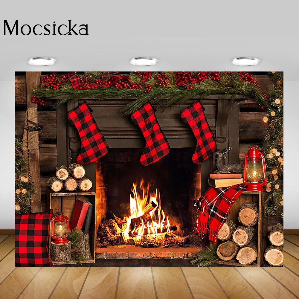 Inverno lareira de madeira fotografia pano de fundo meia vermelha natal aniversário retrato fundo bolo de natal quebra photo studio adereços
