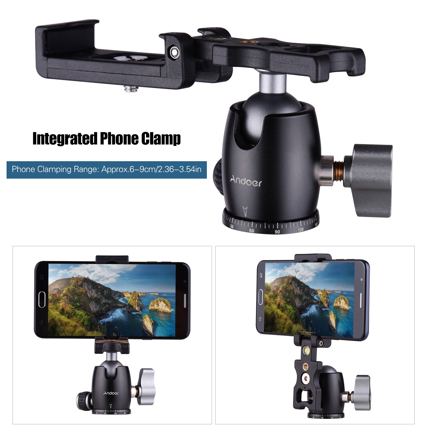 Andoer Statief Camera Ball Head 360 ° Swivel Roterende Met Telefoon Klem 1/4 Schroef 3/8 Montage Voor Camera Smartphones Bal hoofd