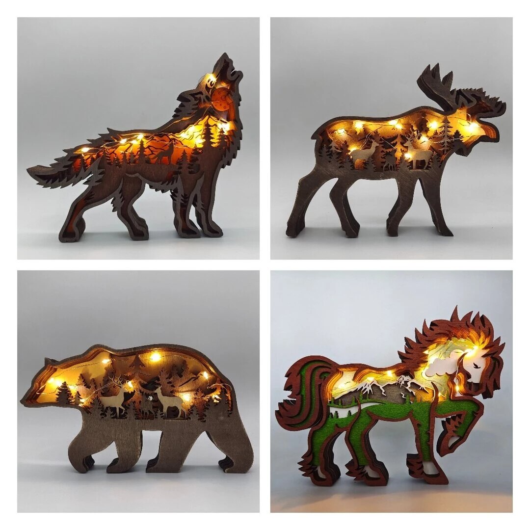 Estatua de lobo Animal de madera, tótem de lobo , artesanía decorativa para oficina y hogar, de Navidad, adornos de oso marrón de alce del bosque del norte