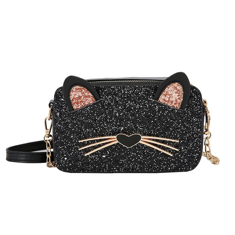 Trend kvinnliga väskor pu läder axelväska dam katt mönster kvinnlig messenger bag små handväskor: Svart