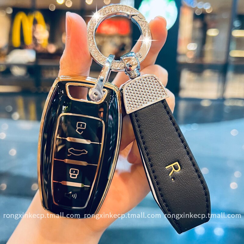 Leather Keychain 4 Button Car Key Case Cover for Great Wall Haval Jolion H6 H7 H4 H9 F5 F7 F7X F7H H2S GMW Dargo Key Shell Fob: A black with R