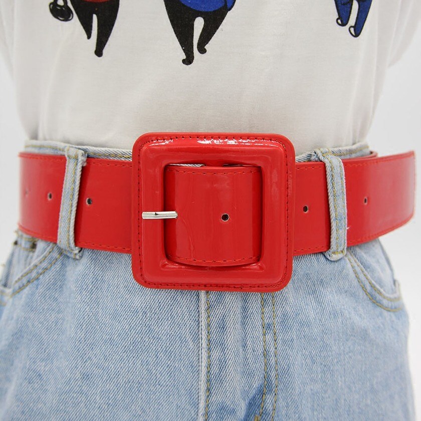 Cinturones de hebilla cuadrados grandes a la de charol brillante a la cintura hebillas de Pin rojo cinturón ancho señoras Casual vestidos cintura para mujer
