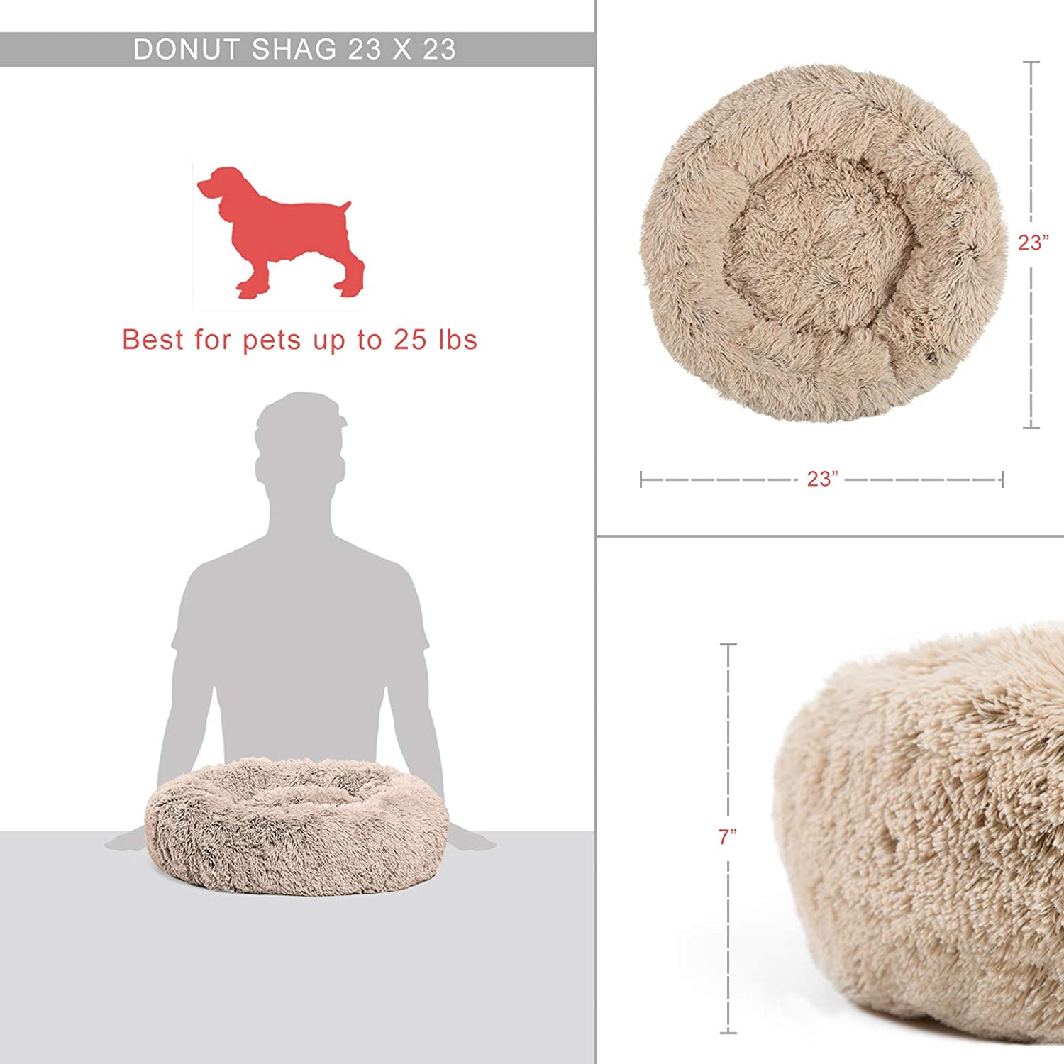 Lit Donut calmant pour chat et chien, en fourrure à poils longs, dimensions et valeur de lot pour animaux domestiques jusqu'à 150 livres, lavable en Machine