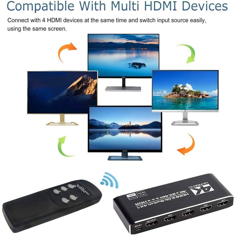 Switch 5 Port HDMI-compati IR Remote Control Switcherble 4 In 1 Out Switcher 4x1 Selector Support 4K@30Hz Ultra HD 3D