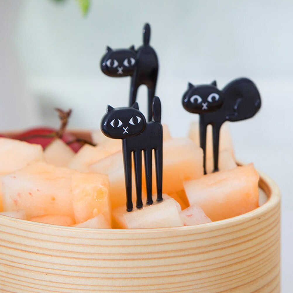 6Pcs Mini Dier Vork Fruit Picks Leuke Cartoon Kat Kinderen Vork Bento Lunchbox Decor Accessoires Zwarte Kleur