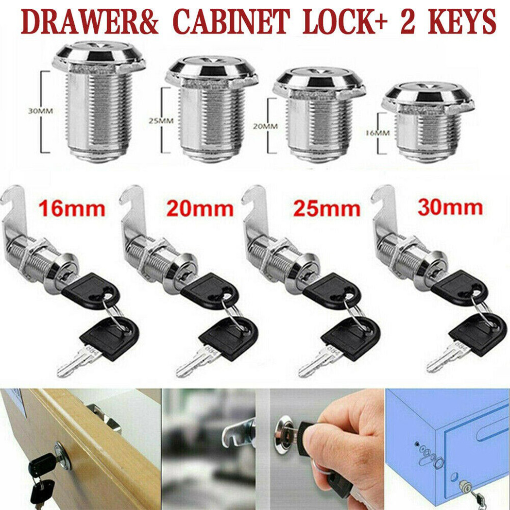 16/20/25/30mm Latch Cam Lock Door Barrel 90 Degree With 2 Key 8mm Hole Suitable For Filing Cabinet Locker Drawers