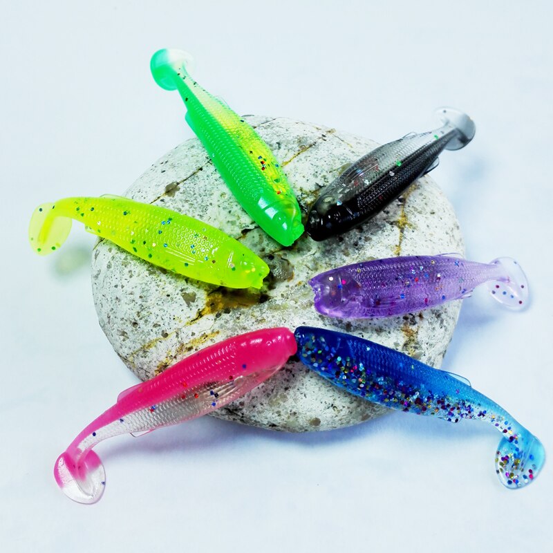 4.5Cm 10 Stuks Materiaal Super Zacht Super Elastische T Staart Vis Vissen Lokt Regenboog Kleur Sequin Swing vissen Spinner Aas