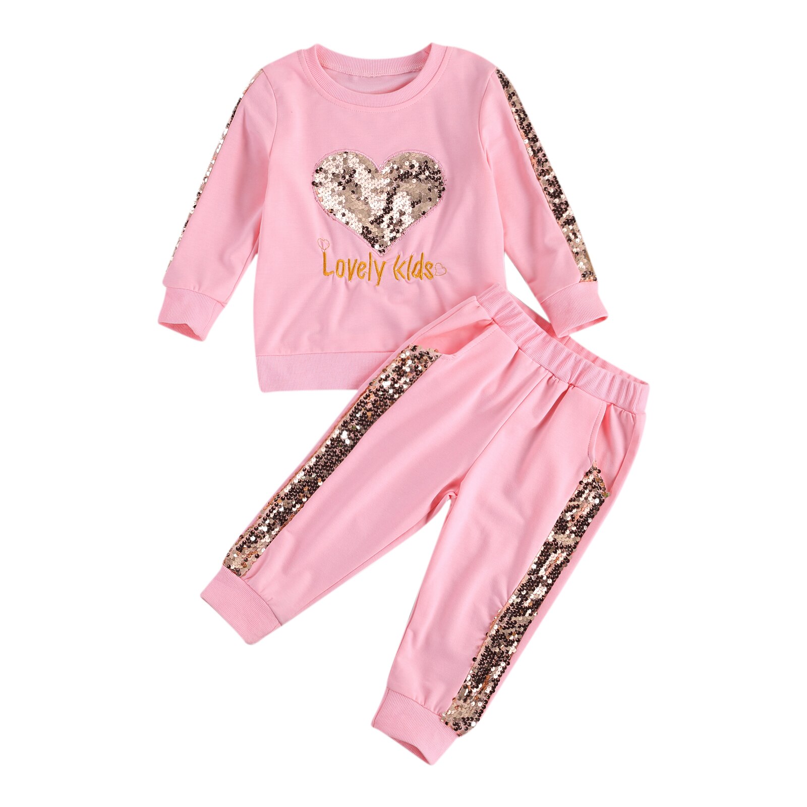 Meisje Liefde Vorm Lovertjes Lange Mouwen Shirt + Effen Kleur Lovertjes Decoratieve Broek 2 Stuk Pak