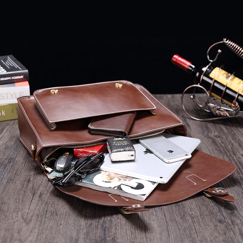 Porte-documents pour hommes Crazy Horse en cuir PU Vintage étudiant sacoche école bureau fourre-tout sac à main épaule affaires épaule sac pour femmes