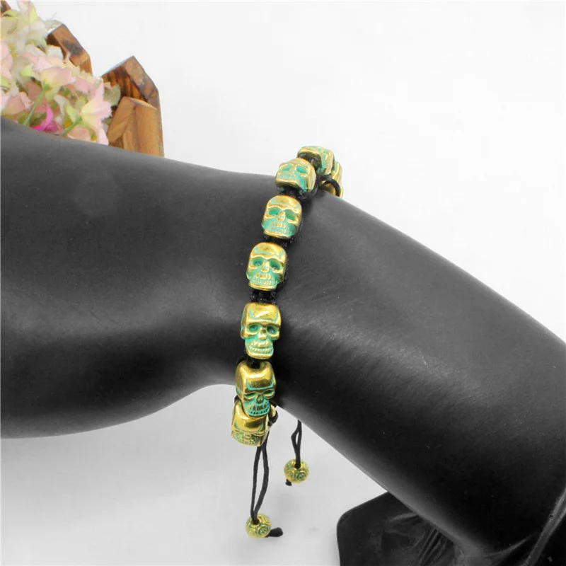 Sorriso Crânio Esqueleto Pulseiras Talão Vertente Boho Vintage Antique Banhado A Prata Handmade Woven Rope Artesanato Bijuterias
