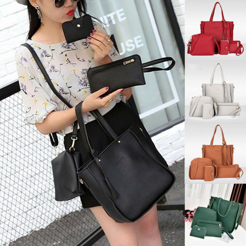 4Pcs Set Women Lychee Pattern Mother-child Four-piece Handbag Messenger Bag Wild Mini Bucket Tassel Single Shoulder