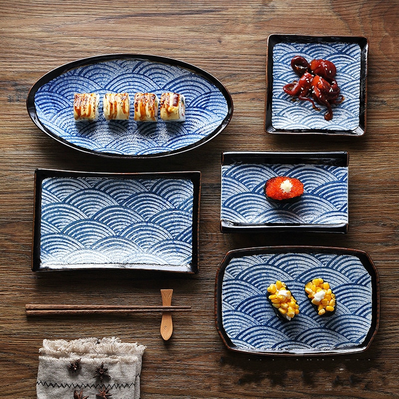Vågmönster sushi tallrikar japansk stil halkfri keramisk porslin retro japansk mat rätter middagsservice