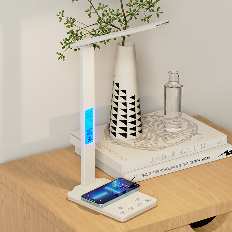 USB-LED-Schreibtisch lampe mit kabellosem Ladung kalender Temperatur Wecker Augenschutz Studie Lesen Geschäft hell Tisch lampe: Weiß