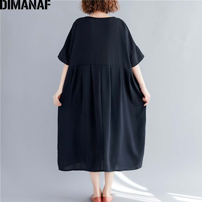 DIMANAF vestido para mujer en tallas grandes negro verano estilo Casual vestido de gran tamaño mujer dama Vestidos de algodón vestido básico 5XL