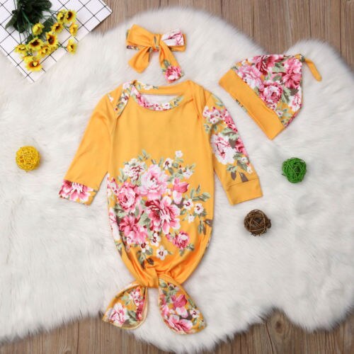 Ropa para dormir de algodón para recién nacidos, manta suave para bebé, toalla envolvente Floral, 3 uds., sombrero, diademas para bebé de 0 a 18M,