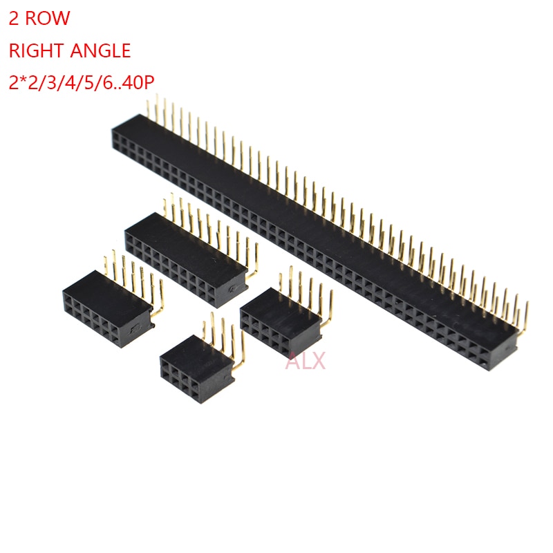 10 stk 2*2/3/4/5/6/8/20/40 pins dobbel rad rettvinklet hunnstift topp 2.54mm pitch strip koblingskontakt 2 x 3p/4p/6p/8p/20p/40p