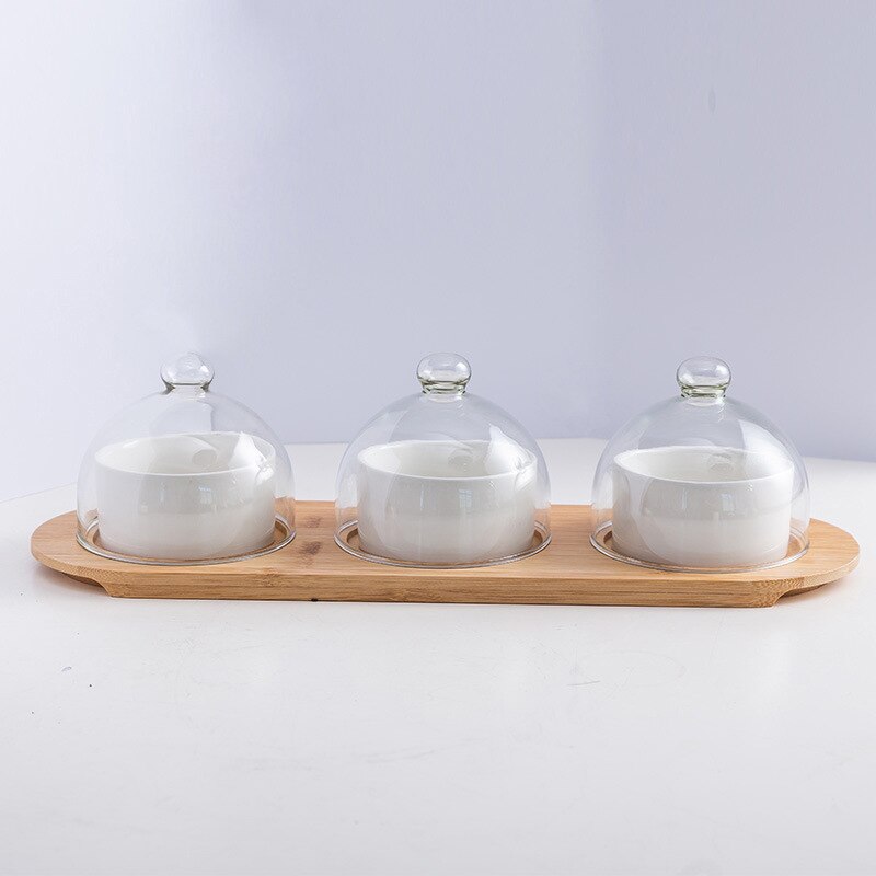 Bandeja de cerámica para almacenamiento de postres bandeja de almacenamiento de aperitivos y frutas, recipiente para helado con tapa de cristal y bandeja de bambú, juego de cubiertos de cocina: white-3pcs